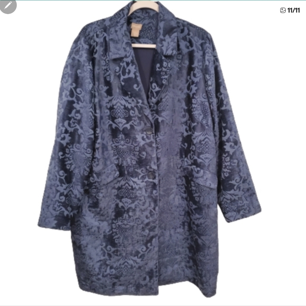 Chicos Blue Embossed Print Overcoat Size XL